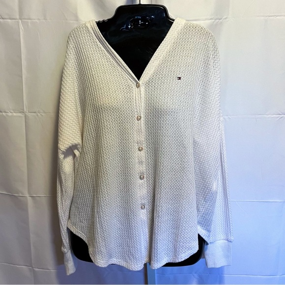 Tommy Hilfiger Small White Waffle Knit Cardigan | Preppy, Nautical, Country Club - Picture 1 of 9